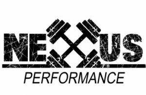 Nexus Performance popwerlifting logo in black text on a white background with two barbells.