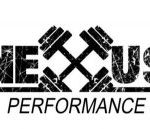 Nexus Performance popwerlifting logo in black text on a white background with two barbells.